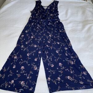 Kaileigh Navy Blue Floral Jumpsuit Womens 3X Sleeveless Crop Wide Leg V Neck EUC